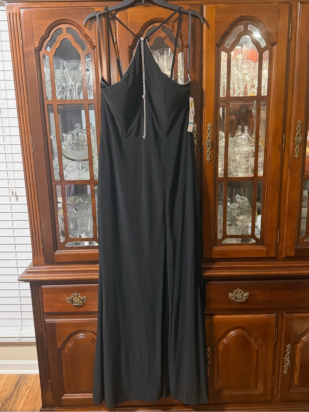Jump Apparel Elegant Black Evening Gown with Rhinestone Strap Detail Size 15/16